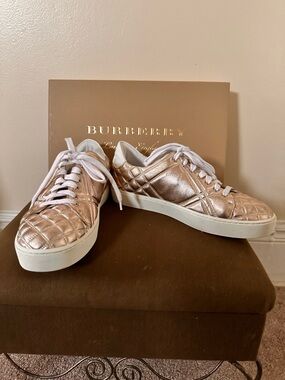 Burberry Quilted Metallic Rose Gold Leather Sneakers with White Soles